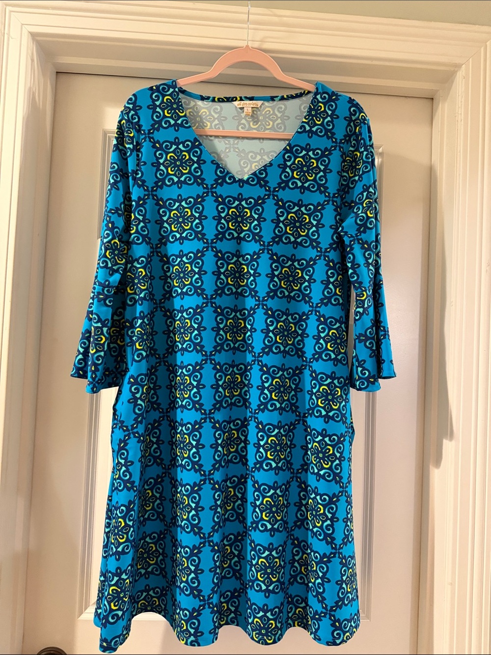 All for Color Blue Patterned V-Neck Swing Dress